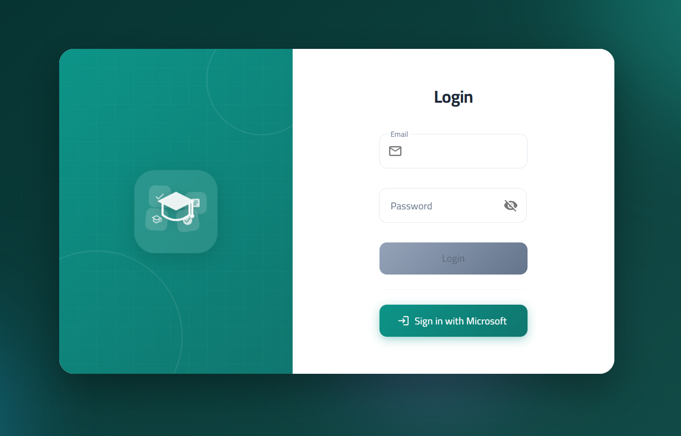 NMR Examination System login screen showing local and Microsoft SSO options