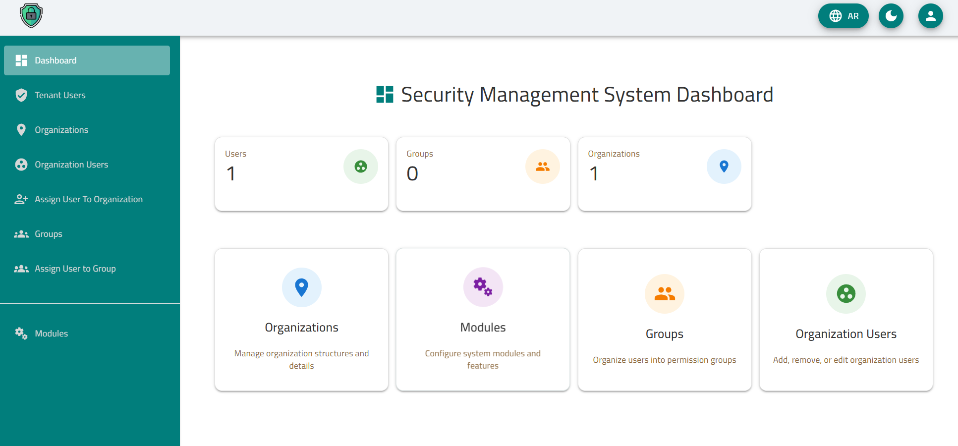 Security Management System dashboard showing organisation and user management
